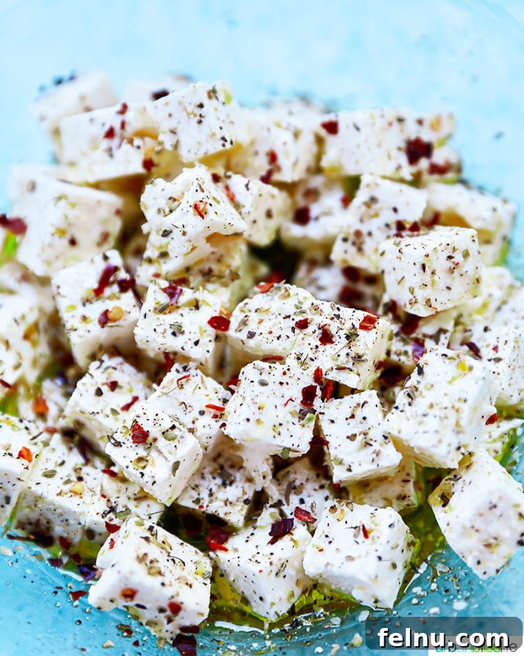 Mediterranean Marinated Feta 5 Marinated feta cheese in a small bowl, ready to be served