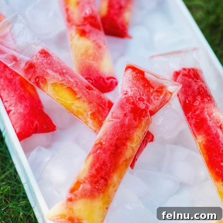 Tequila sunset frozen pops over a bed of ice.