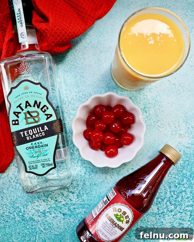 Tequila Sunrise Ice Pops 3 Ingredients for Tequila Sunset Freezer Pops: orange juice, tequila, grenadine, and maraschino cherries.