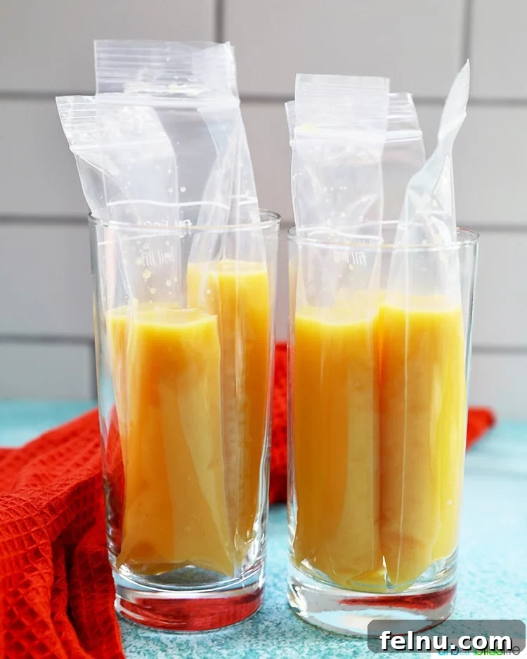 Tequila Sunrise Ice Pops 5 Freezer pop bags filled with orange juice and tequila, ready to freeze.