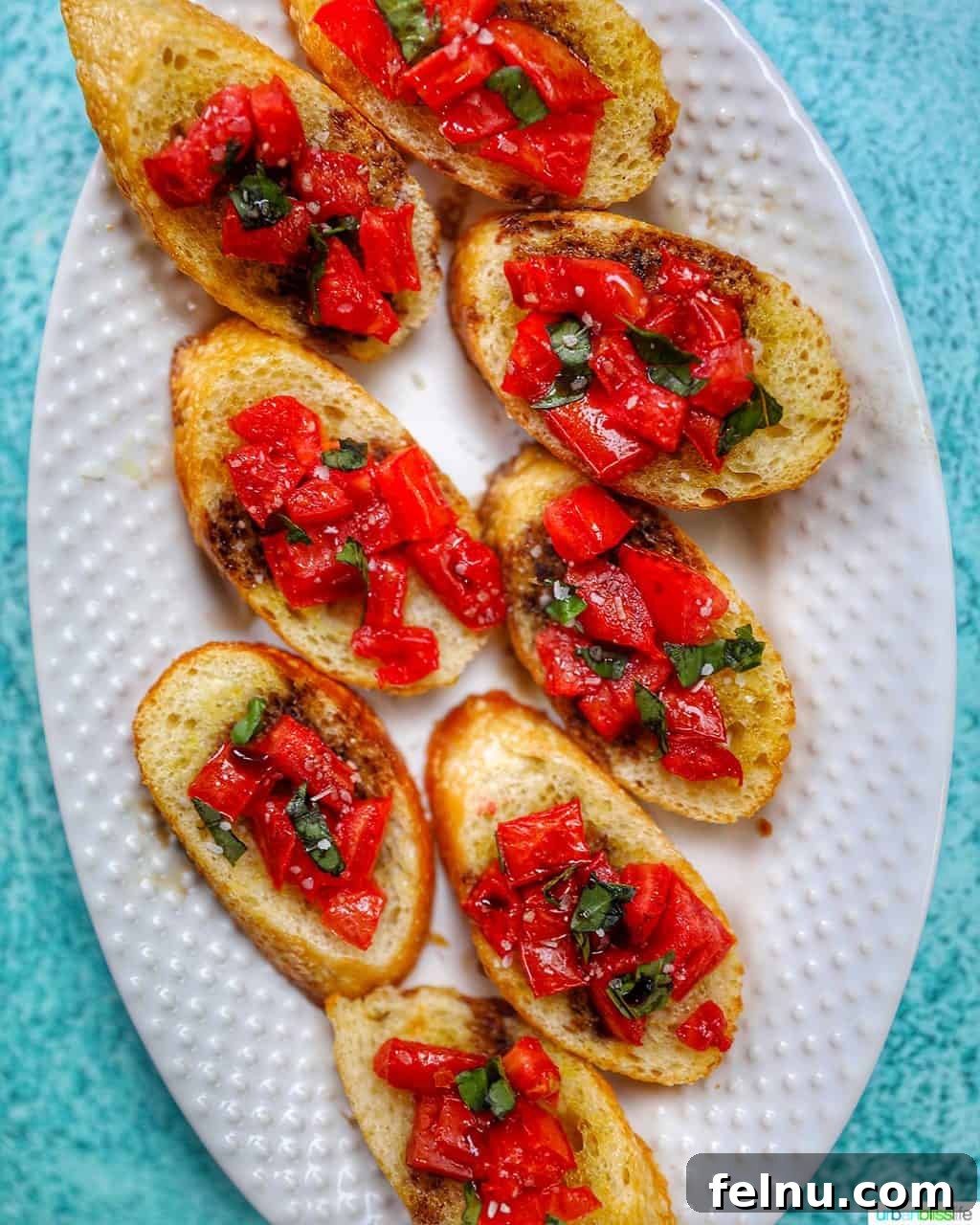 Vine-Ripened Tomato Bruschetta with Balsamic Glaze 3 A full plate of freshly made tomato bruschetta with balsamic vinegar, ready to be served.