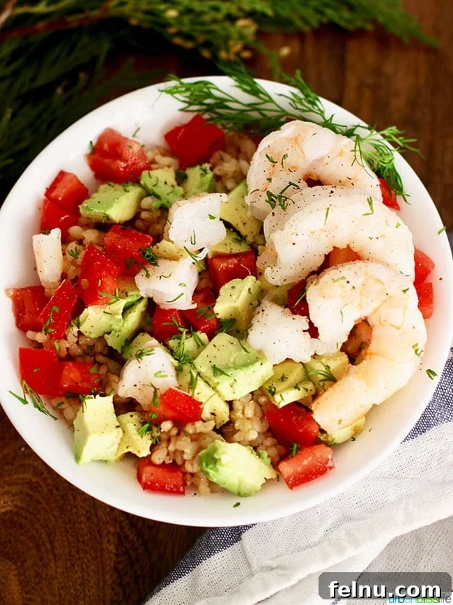 Beat the Heat Dinners 6 Close up of a shrimp avocado brown rice bowl, a healthy and cool meal.