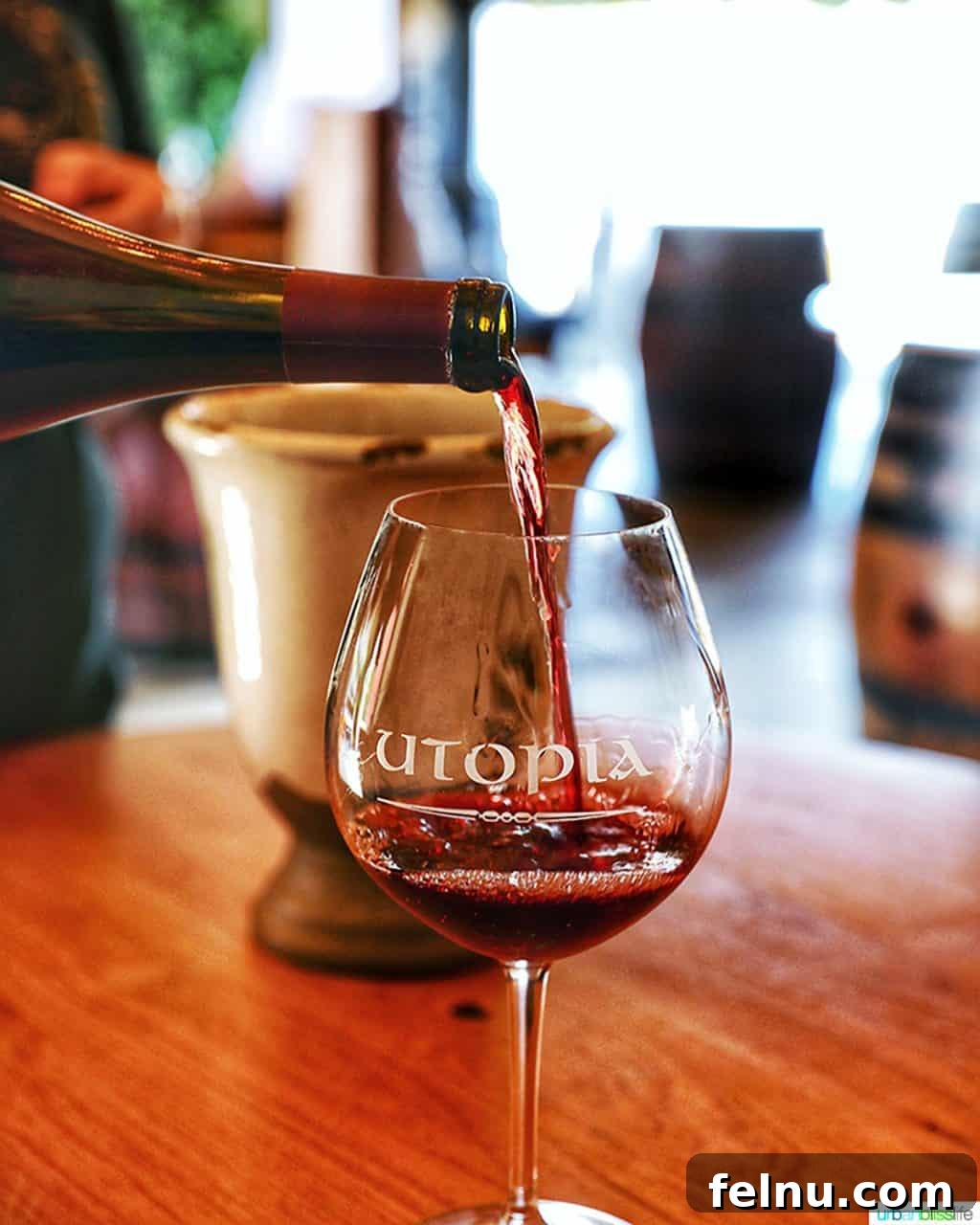 The Elysian Vineyard 8 A graceful pour of Utopia Vineyard Pinot Noir, showcasing its rich, ruby color and inviting aroma.