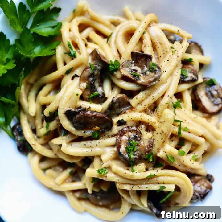 creamy vegan mushroom pasta with spaghetti and parsley.