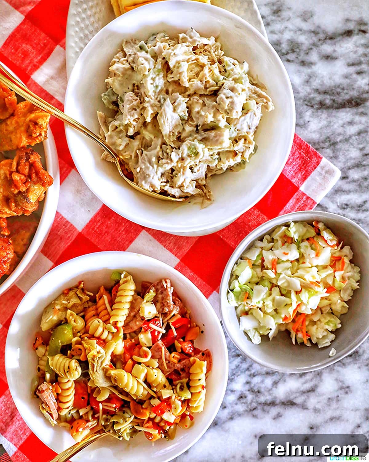 Ultimate Tailgate Grub Guide 5 An assortment of classic side salads, including chicken salad, pasta salad, and coleslaw, beautifully arranged in bowls on a red and white checkered tablecloth.