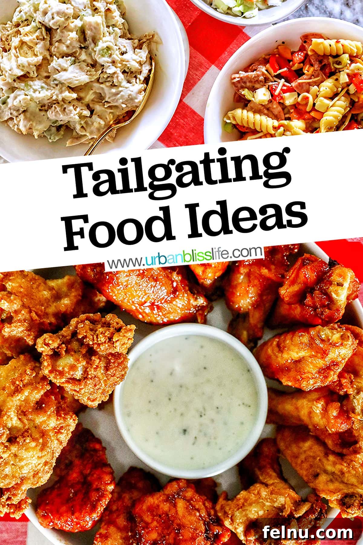 Ultimate Tailgate Grub Guide 10 A beautifully styled image of a tailgating food spread, featuring chicken wings, pasta salad, and other delicious appetizers, set against a classic red and white checkered tablecloth, with a text overlay highlighting the key elements of the spread.