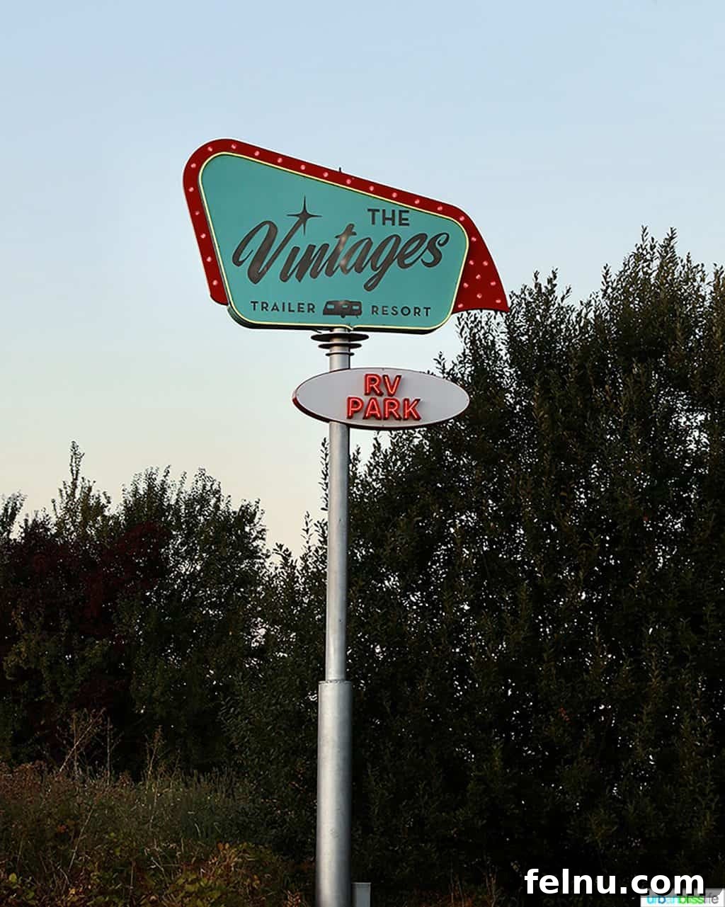 Glamping in Wine Country: Vintages Trailer Resort in Oregon's Willamette Valley 3 The distinctive Vintages Trailer Resort sign, welcoming guests to a unique glamping experience amidst the vineyards of Willamette Valley.