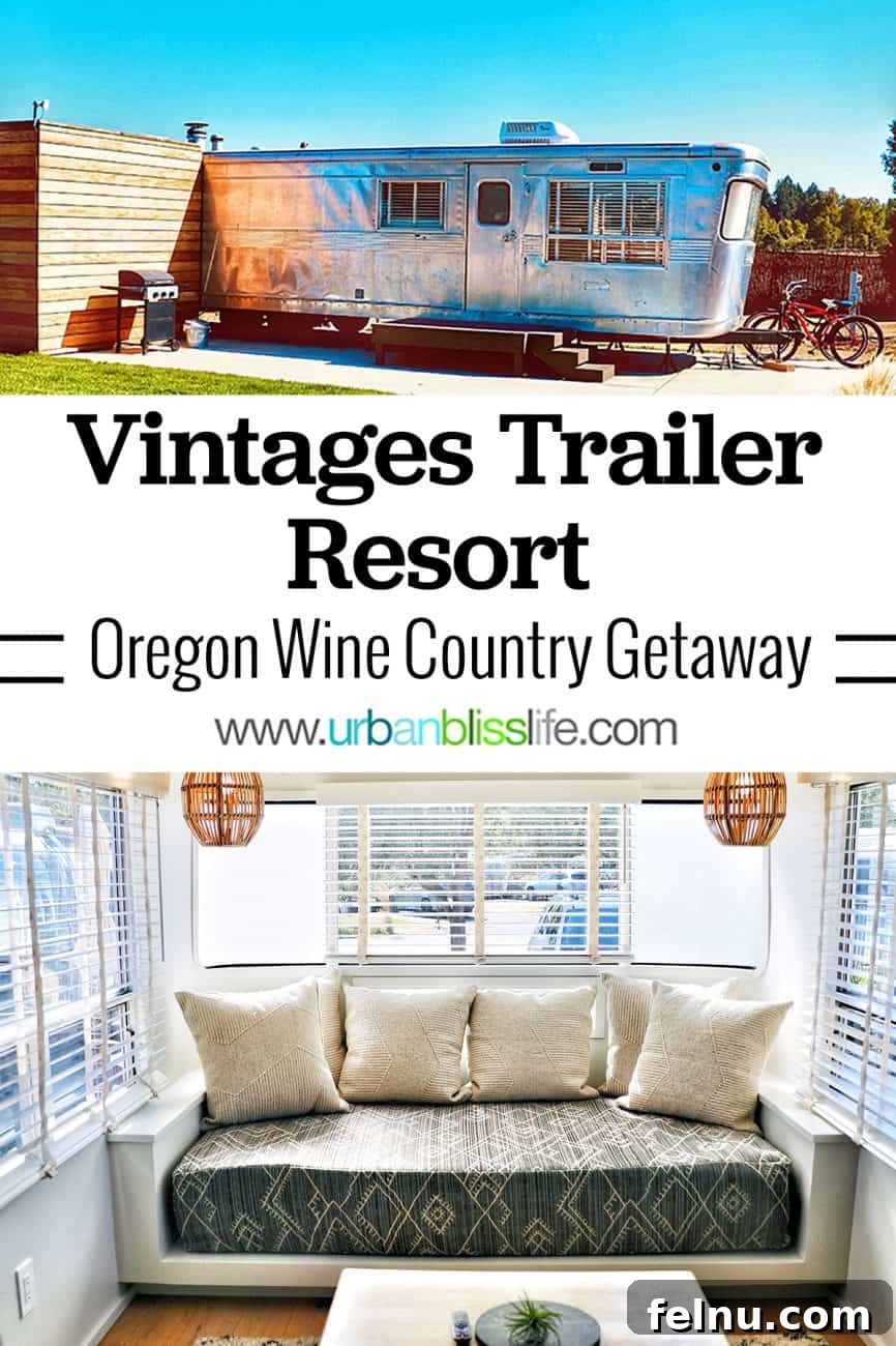 Glamping in Wine Country: Vintages Trailer Resort in Oregon's Willamette Valley 23 A captivating collage showcasing the exterior of the Royal Spartan Mansion airstream, with a title text overlay and an inviting interior sitting area, perfect for pinning and planning a trip to The Vintages Trailer Resort.