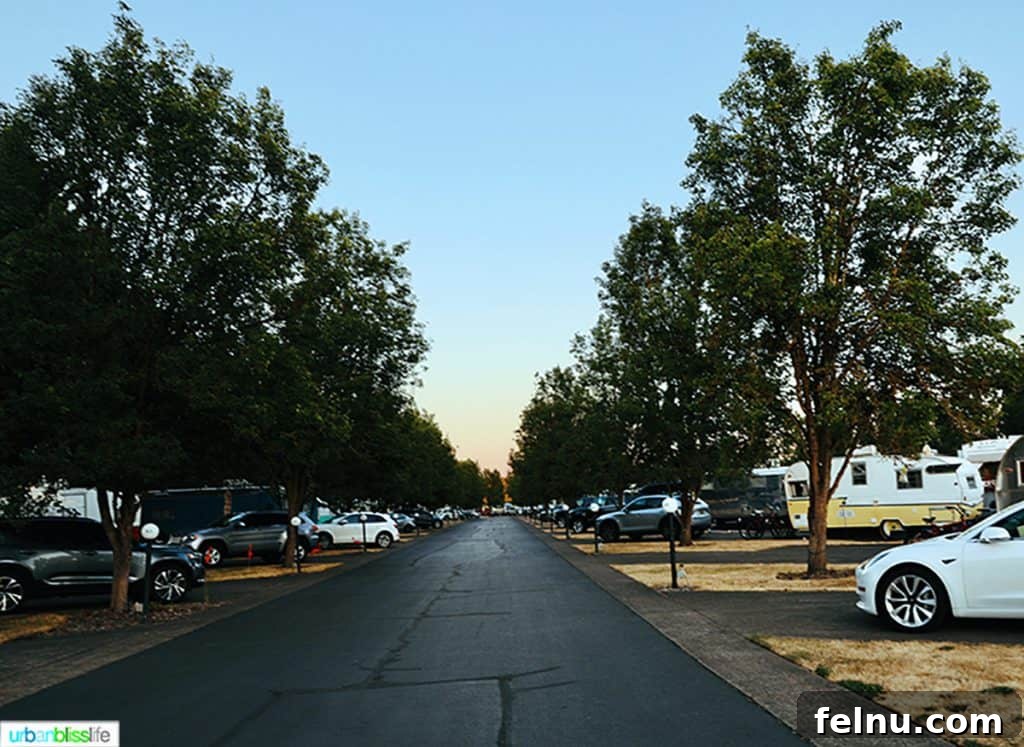 Glamping in Wine Country: Vintages Trailer Resort in Oregon's Willamette Valley 6 The tranquil street of Vintages Trailer Resort bathed in the warm glow of sunset, highlighting the peaceful ambiance and inviting atmosphere for an evening stroll.