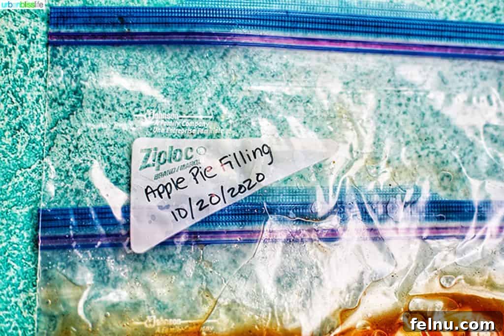 Homemade Freezer Apple Pie Filling 12 A freezer bag filled with apple pie filling, clearly labeled with the date and contents