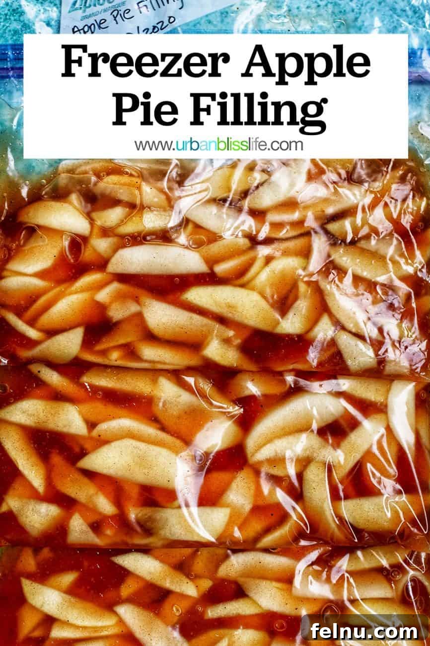 Homemade Freezer Apple Pie Filling 14 Large Pinterest graphic featuring freezer apple pie filling in ziplock bags with title text