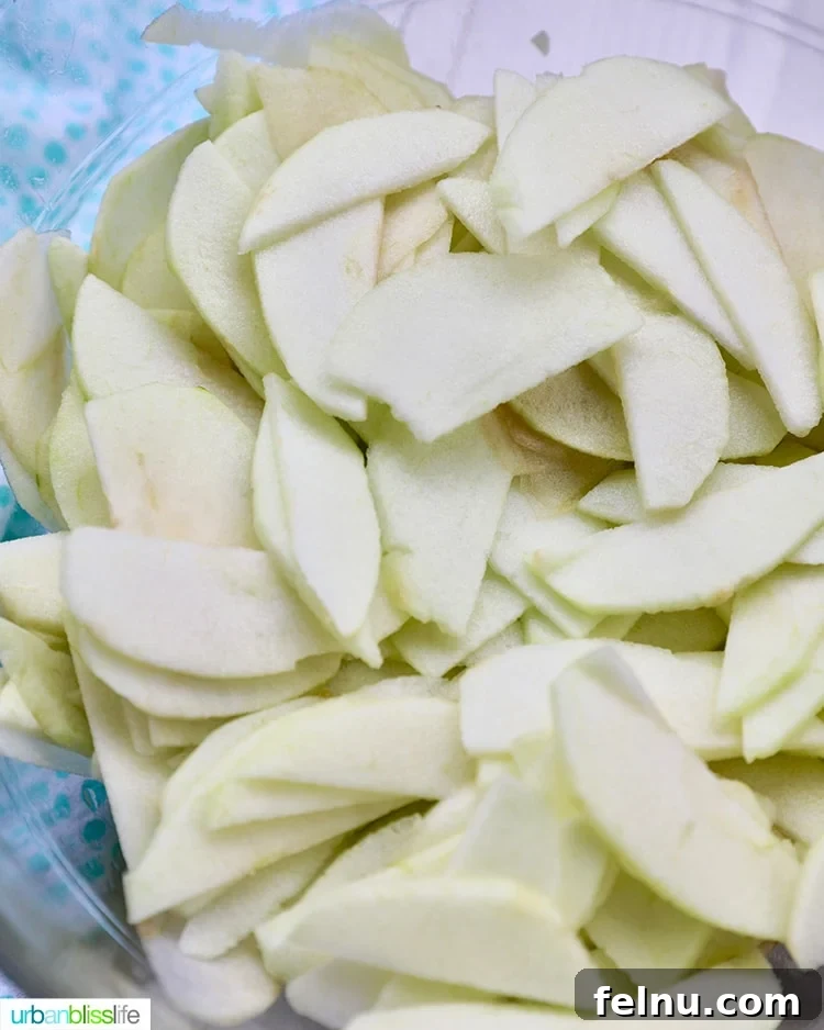 Homemade Freezer Apple Pie Filling 5 Neatly sliced apples, ready for cooking into pie filling