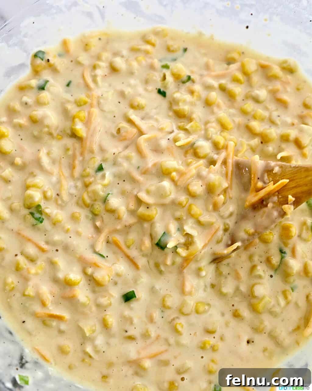 Golden Corn Fritters 7 Well-mixed corn fritter batter, ready for the next additions.