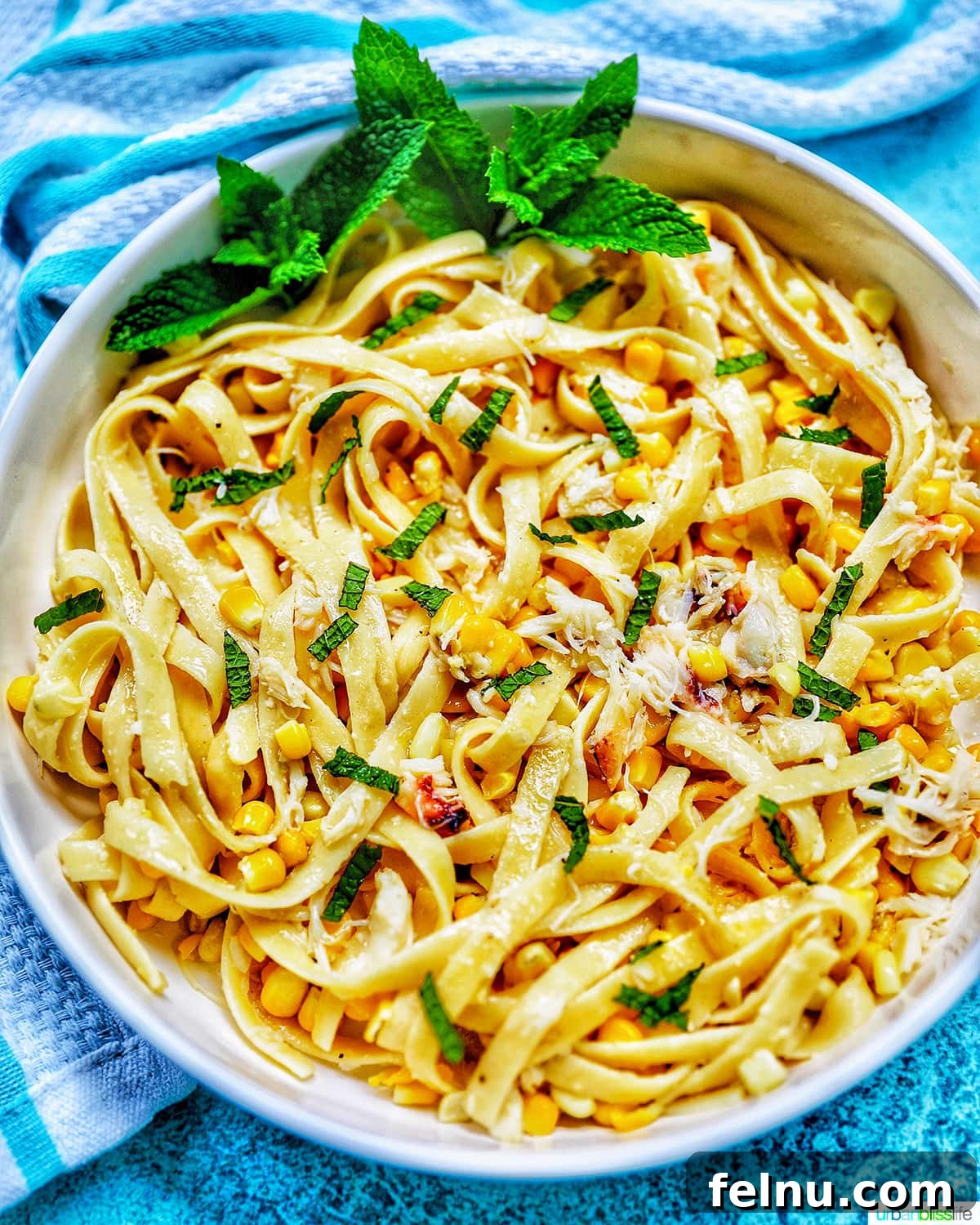 Close-up of creamy corn and crab pasta main photo