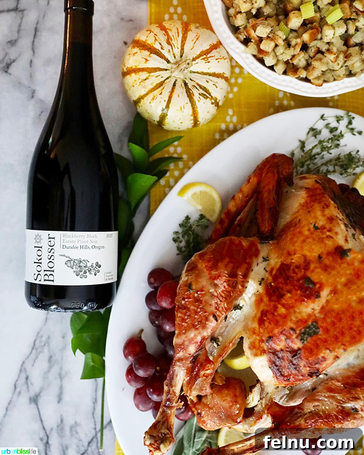 Our Intimate Thanksgiving Feast 3 wine and turkey on table