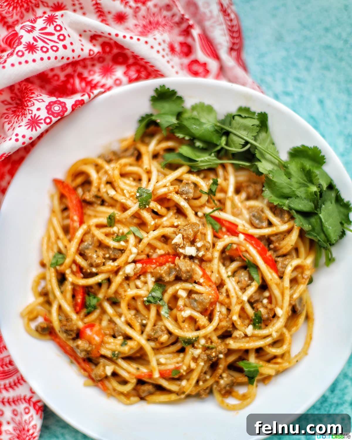 Thai Red Curry Pasta Fusion 3 Red Curry Pasta in a White Bowl