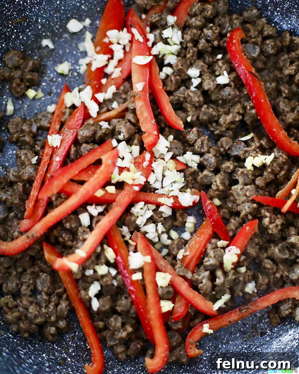 Thai Red Curry Pasta Fusion 6 Beyond Meat Beyond Beef Crumbles with Red Peppers, Garlic, and Ginger