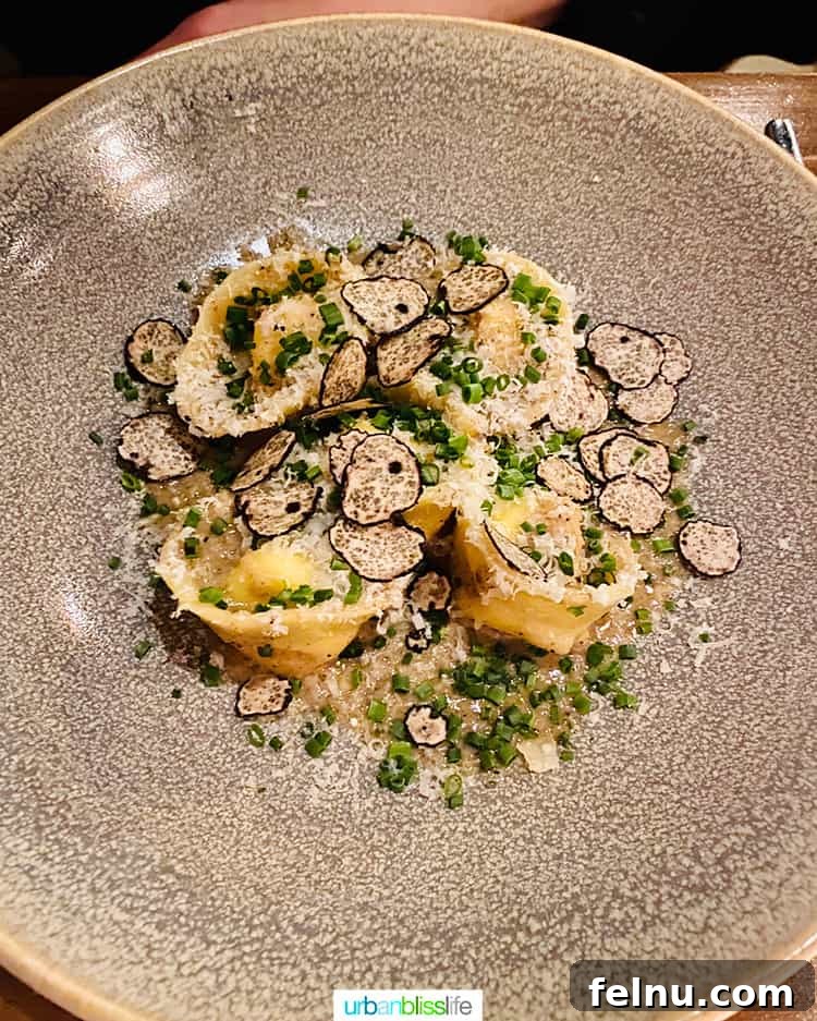 Portland's Top Romantic Dinner Spots 13 Exquisite ricotta pasta on a modern grey plate at Arden restaurant in Portland, Oregon.