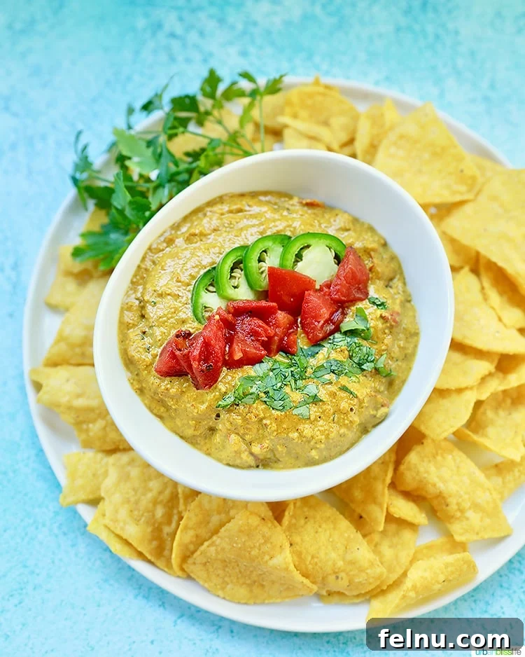 Sizzling Sheet Pan Chicken Fajitas 11 Dairy-Free Queso Dip served with tortilla chips, a creamy and delicious option for dipping.