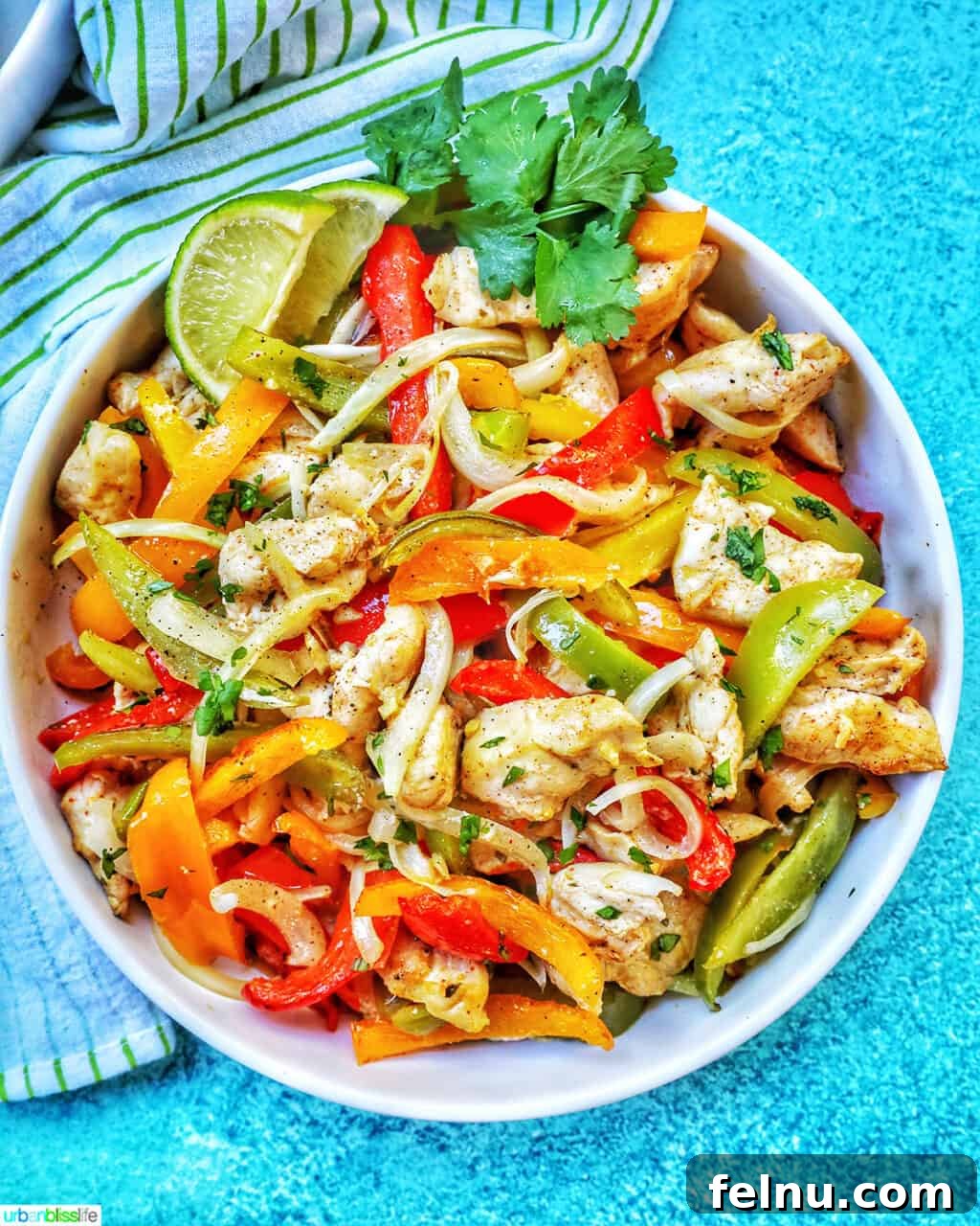 Sizzling Sheet Pan Chicken Fajitas 13 A close-up shot of a bowl of Sheet Pan Chicken Fajitas, highlighting the perfectly cooked chicken and vegetables in a delicious serving.