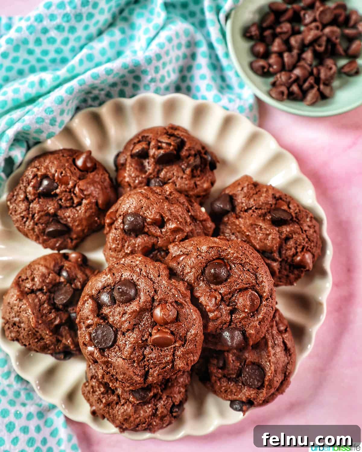 Chocolate Cake Mix Cookies 11 Several chocolate cake mix cookies on a scalloped cream colored plate with a blue dotted napkin.