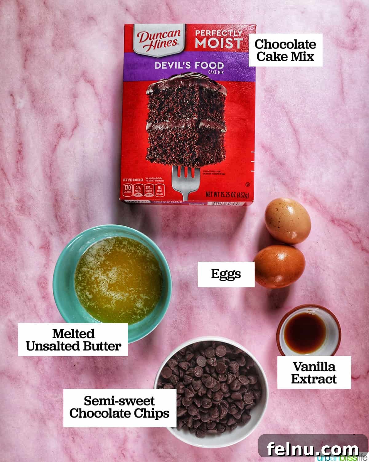 Chocolate Cake Mix Cookies 4 Ingredients for chocolate chip cake mix cookies, including cake mix, eggs, and chocolate chips.