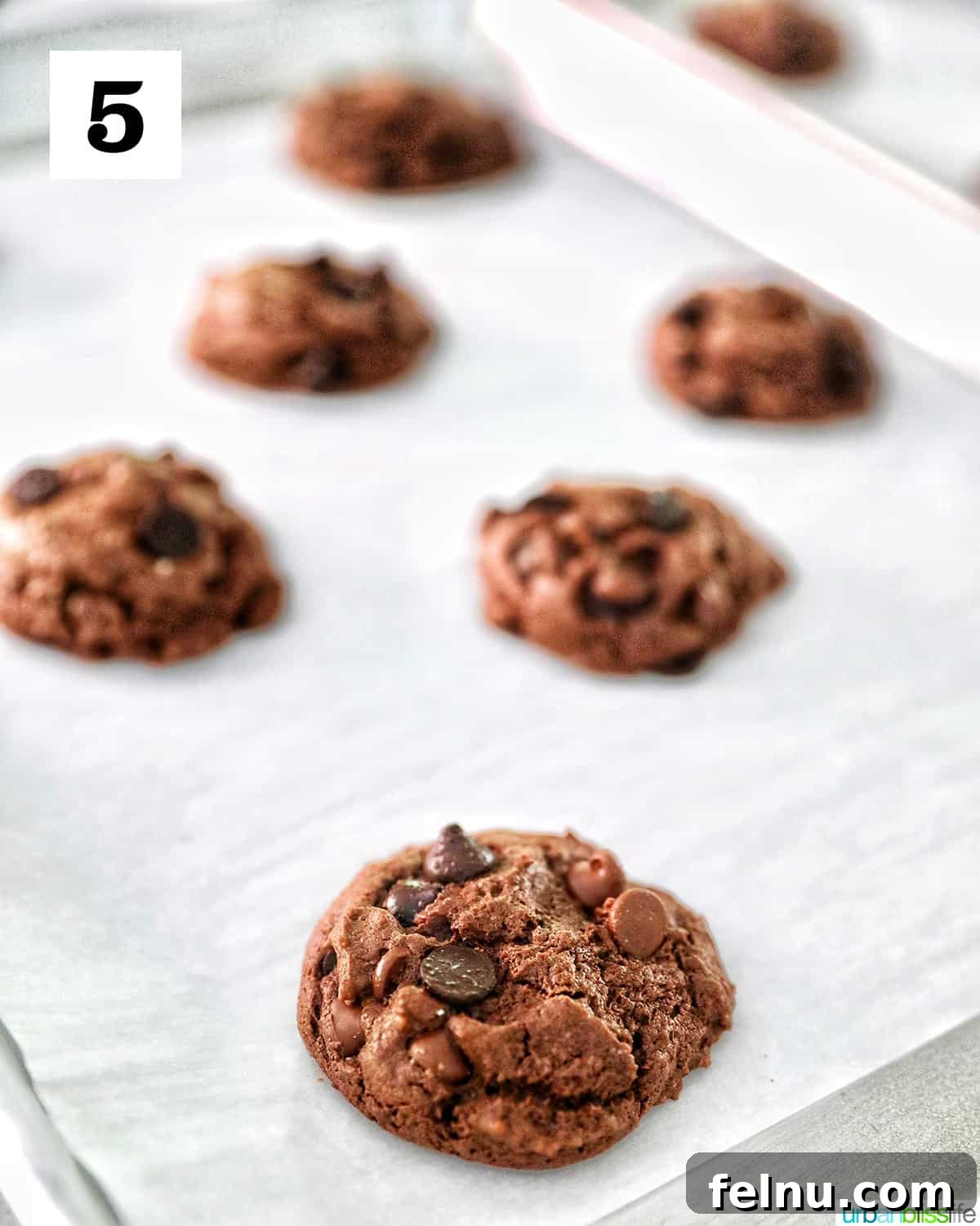 Chocolate Cake Mix Cookies 9 Diagonal rows of baked chocolate cake mix cookies on parchment paper.