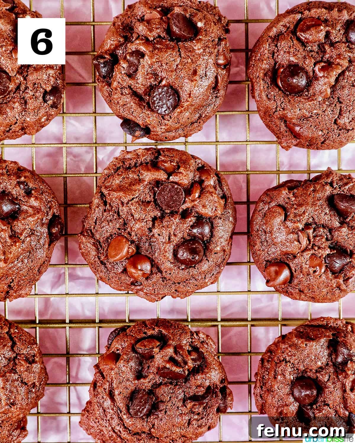 Chocolate Cake Mix Cookies 10 Three rows of baked chocolate cake mix cookies cooling on a rack.