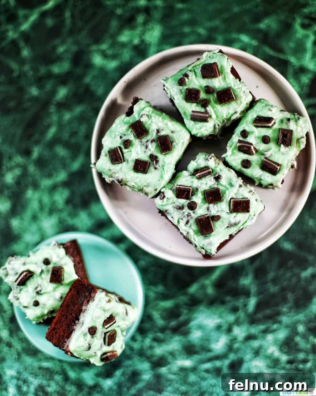 Mint Chocolate Decadence Brownies 14 Mint Chocolate Chip Brownies on pedestals