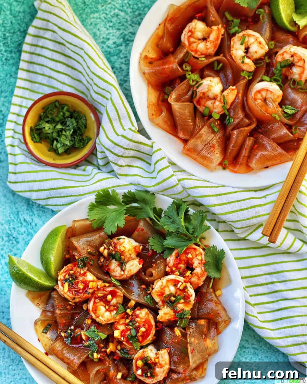 Spicy Lime Shrimp Glass Noodle Bowl 2 two bowls of wide glass noodles with shrimp, garnished with fresh herbs