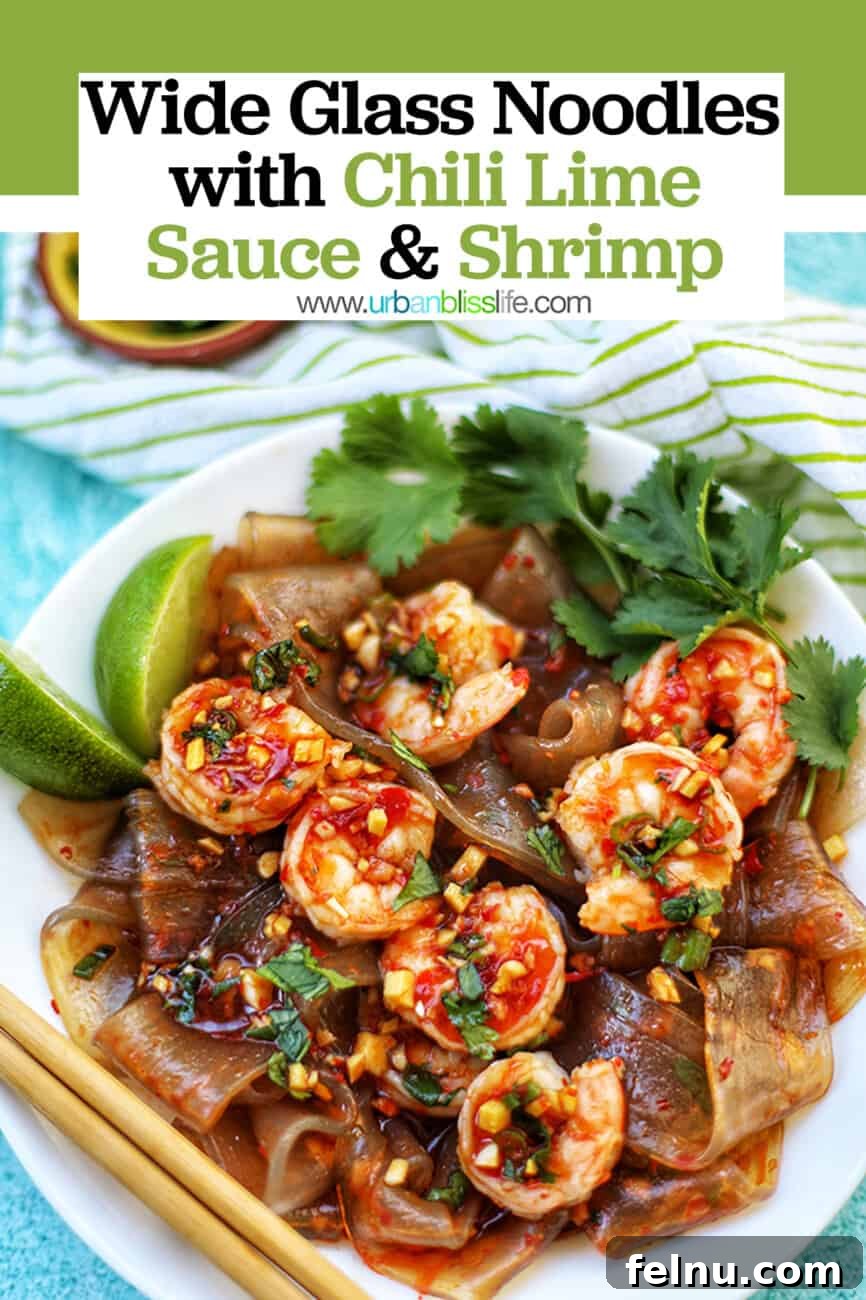 Spicy Lime Shrimp Glass Noodle Bowl 8 bowl of wide glass noodles with shrimp and text overlay for Pinterest: Wide Glass Noodles with Chili Lime Sauce & Shrimp - Under 30 Minutes!