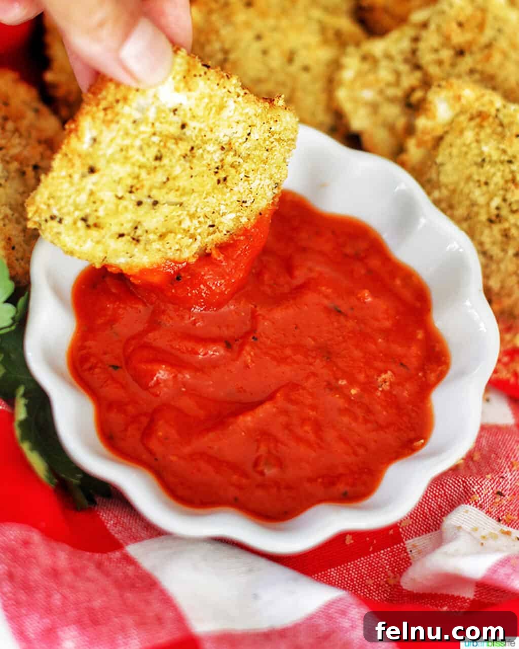 Air Fryer Ravioli Bites 9 Dipping a crispy air fryer ravioli into a delicious red sauce.