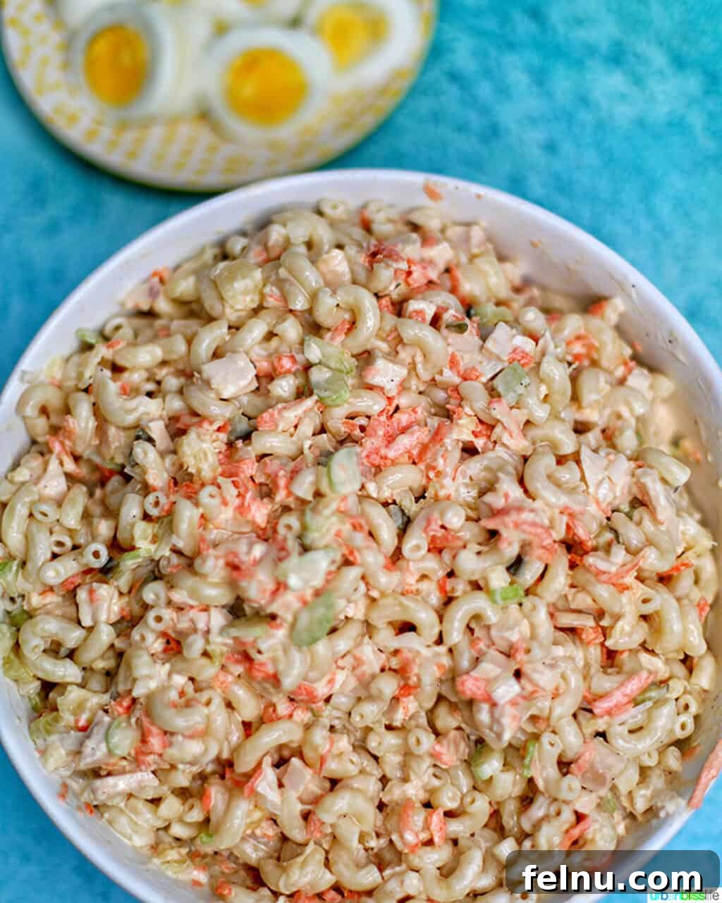Filipino-Style Macaroni Salad 10 Filipino Macaroni Salad in a bowl no eggs