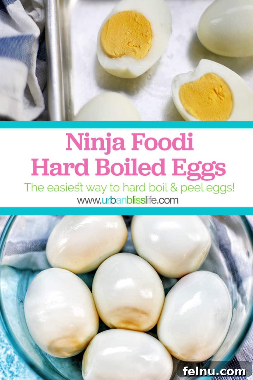 Perfect Hard Boiled Eggs with Ninja Foodi 14 Ninja Foodi hard boiled eggs with yolks visible, in a bowl with text for pinterest