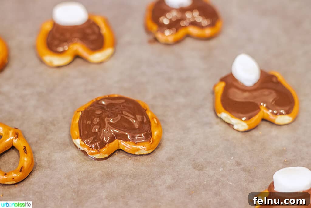Whip Up Adorable Easter Bunny Pretzels 6 Mini pretzels laid out on wax paper with the centers filled with chocolate, ready for marshmallow tails.