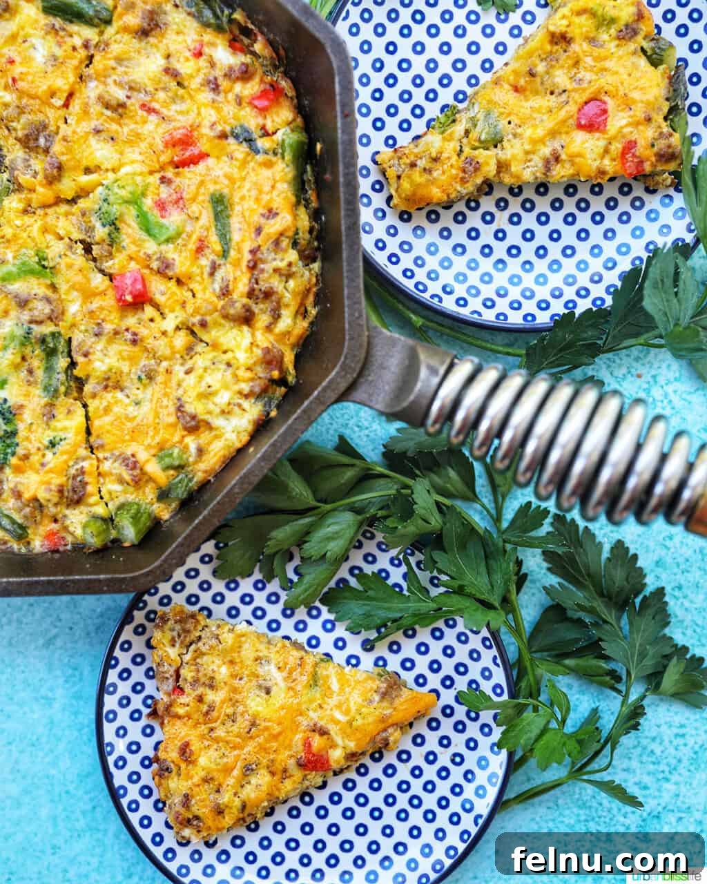 Sausage and Spring Vegetable Frittata 3 Sausage Frittata in pan with slices on plates