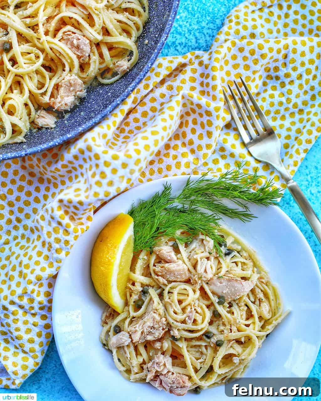 Tuna Pasta in Creamy Caper White Wine Sauce 4 Bowl and Pan of Tuna Pasta
