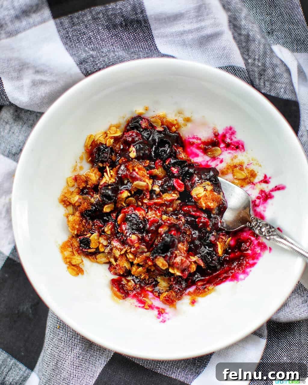 A warm, single-serving blueberry crisp in a white bowl.