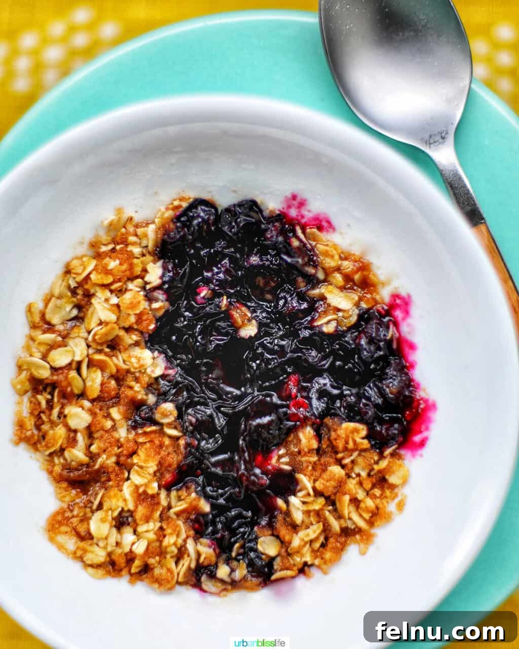 Microwave blueberry crisp in a bowl.