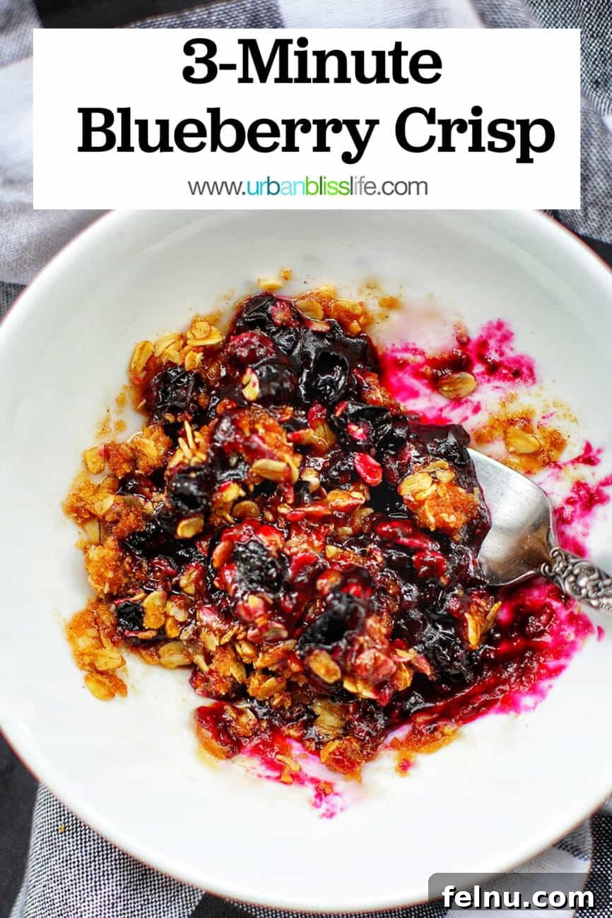 Microwave blueberry crisp with text overlay.