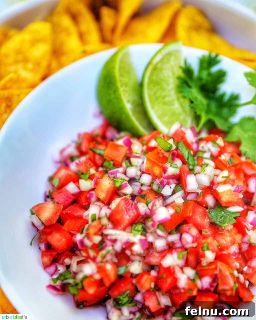A close-up of pico de gallo in a bowl, showing the texture of diced ingredients.
