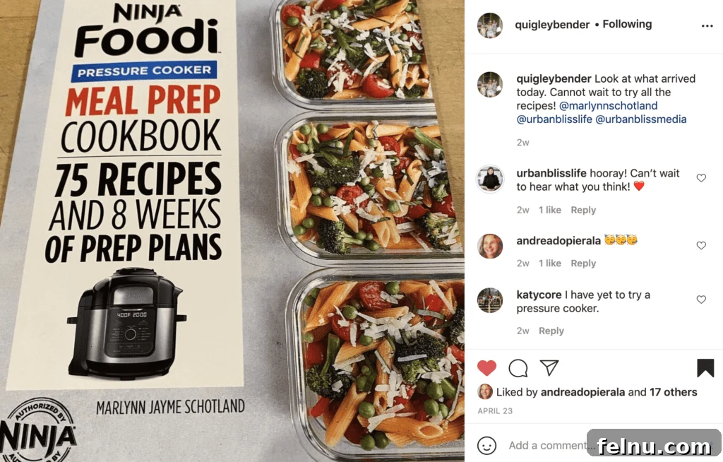 Mastering Ninja Foodi Pressure Cooker Meal Prep Cookbook 21 Cookbook announcement social media post encouraging readers to share their creations.