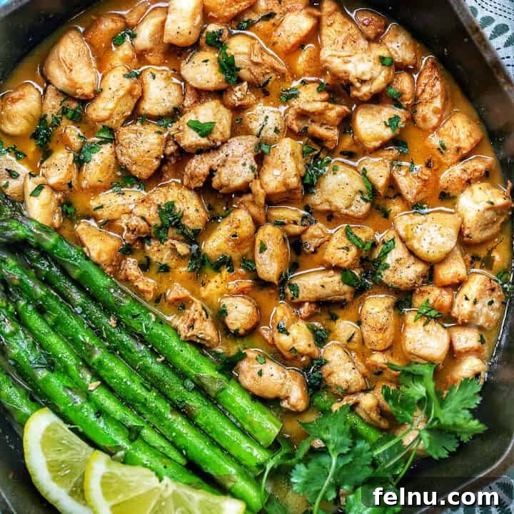 Golden Garlic Butter Chicken Morsels 12 Soy garlic butter chicken bites in a skillet.