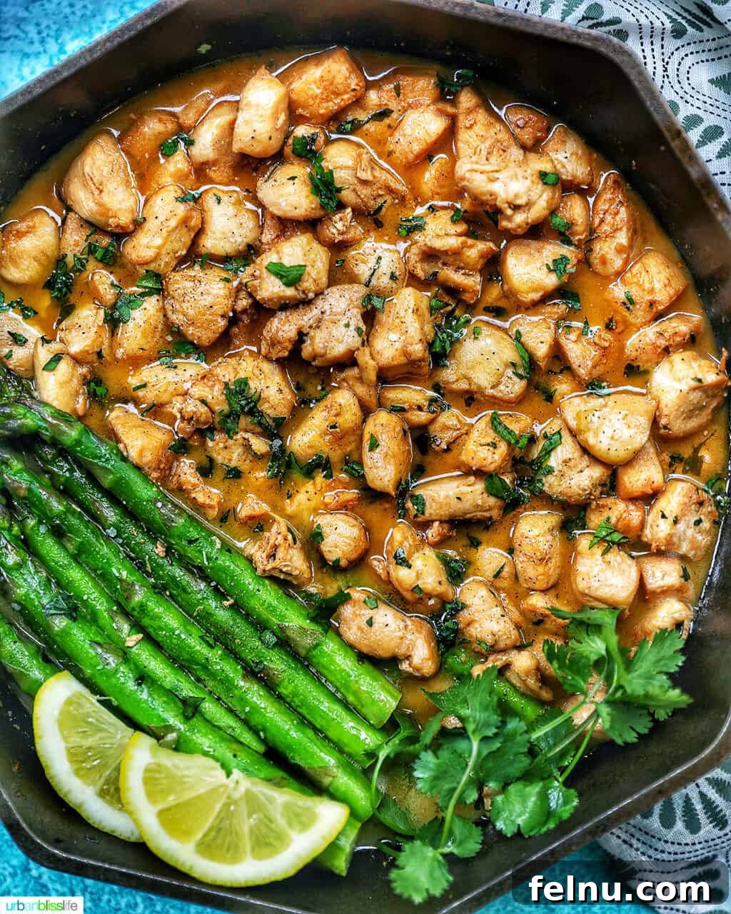 Golden Garlic Butter Chicken Morsels 3 Garlic butter chicken bites served with asparagus spears