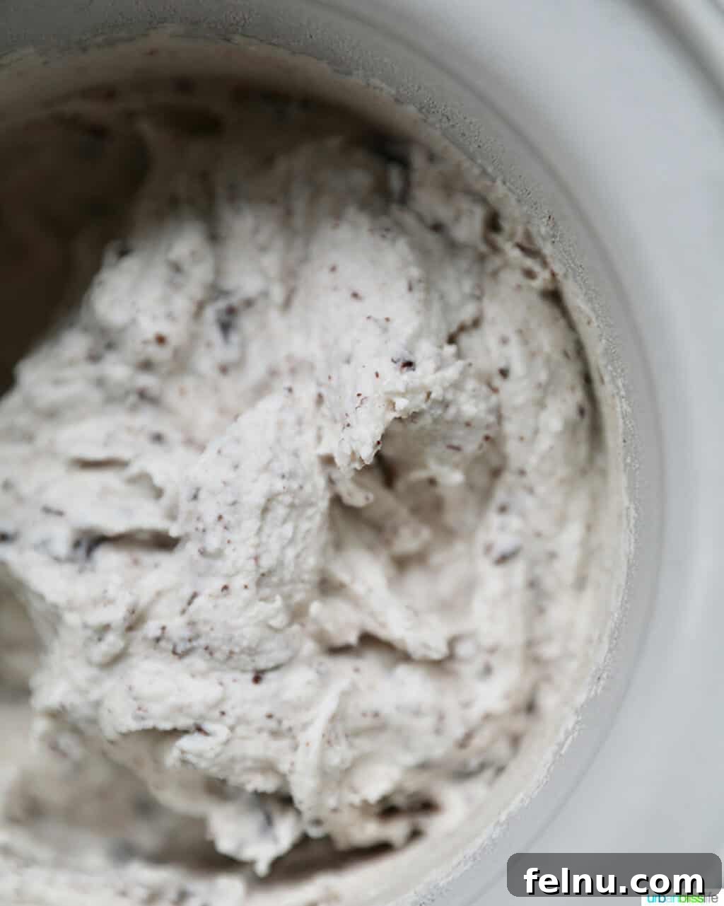 Decadent Dairy-Free Chocolate Chip Delight 8 Freshly churned dairy-free chocolate chip ice cream in the ice cream maker bowl, ready for freezing.