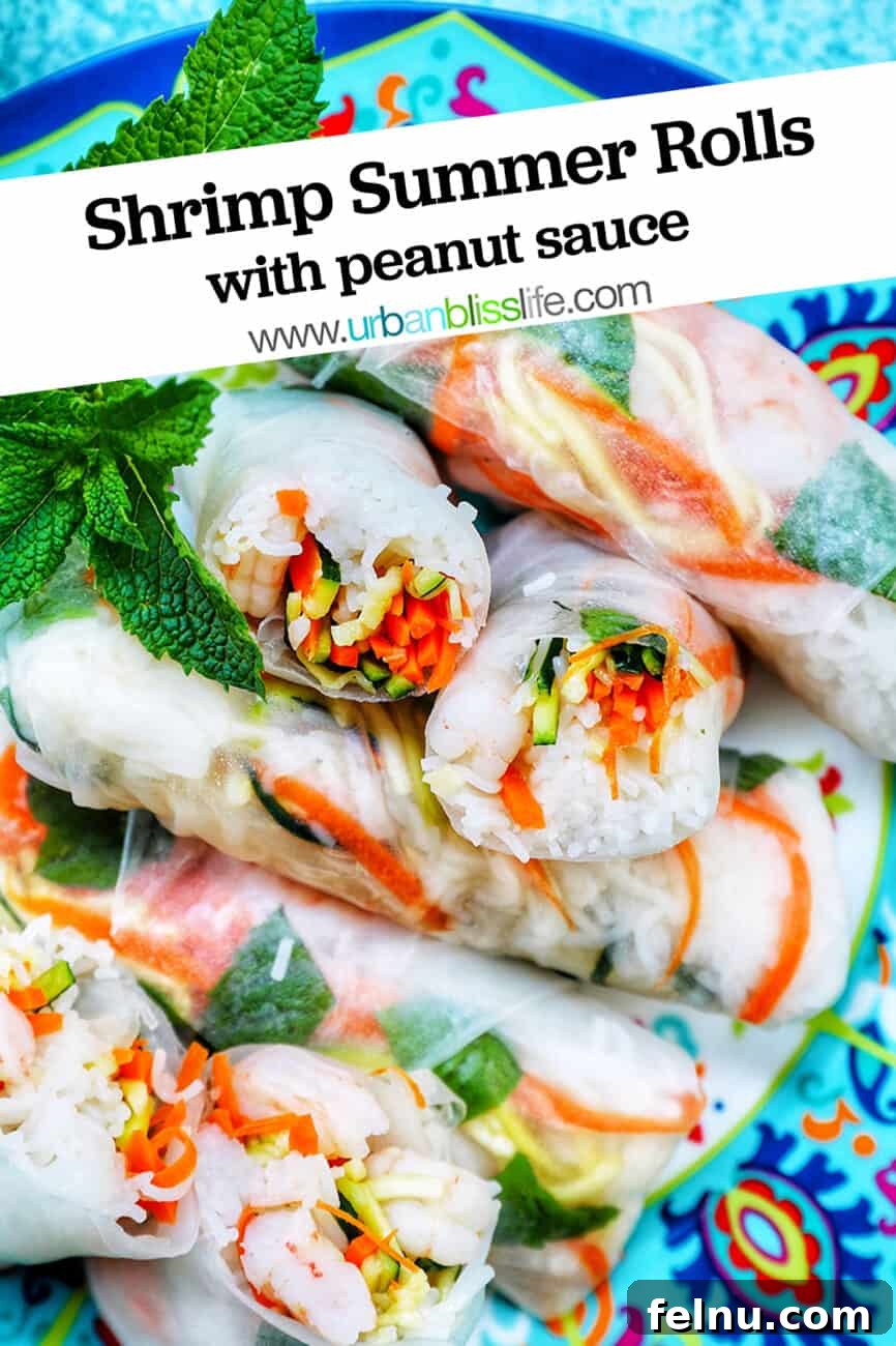 Shrimp summer rolls with text overlay, perfect for pinning on Pinterest.