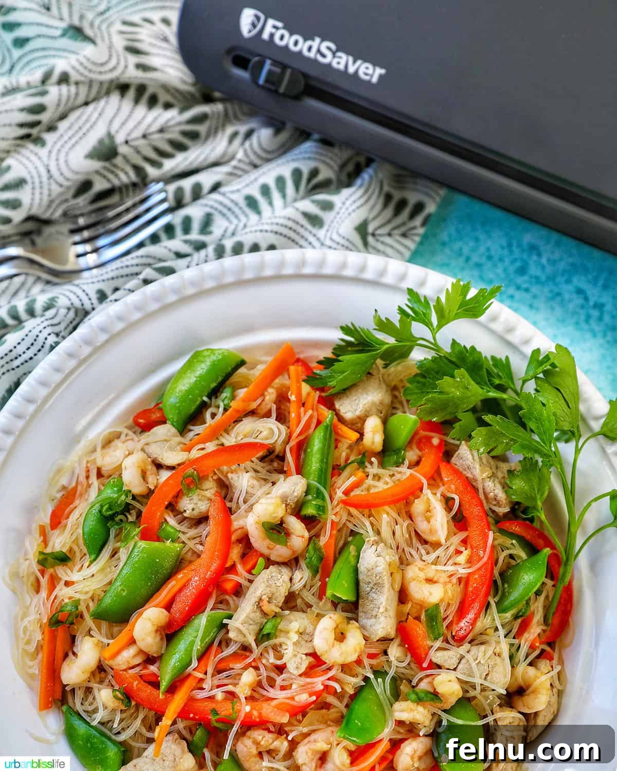 Filipino Pancit Bihon Delight 13 Bowl of Filipino Pancit Bihon with FoodSaver, ready for storage.