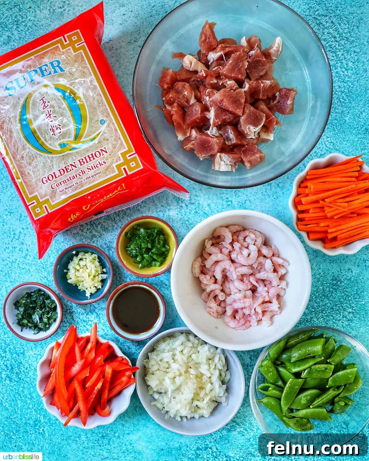 Filipino Pancit Bihon Delight 5 Ingredients for Filipino Pancit Bihon laid out on a table.