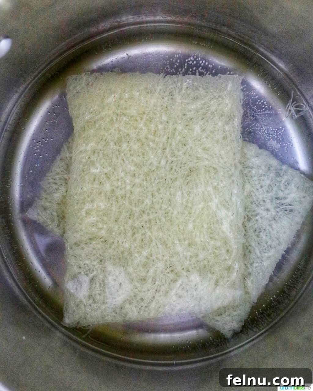 Filipino Pancit Bihon Delight 6 Soaking rice noodles in a bowl of water.