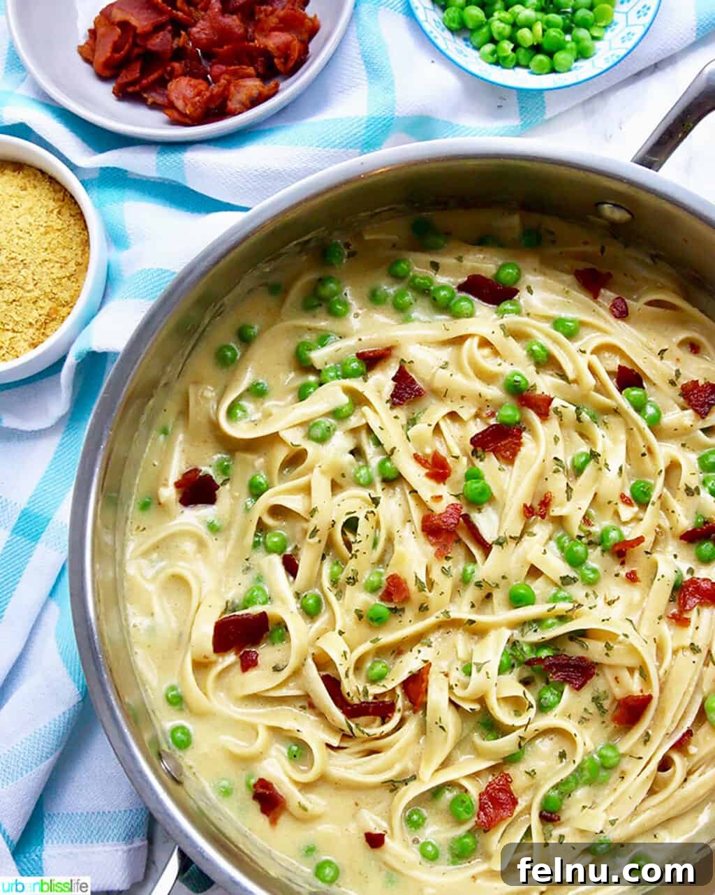 Creamy Bacon & Pea Pasta (Dairy-Optional) 3 Skillet filled with creamy Dairy-Free Fettuccine with Bacon and Peas